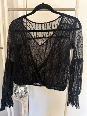 Black Sheer Lace Wrap Top - Women